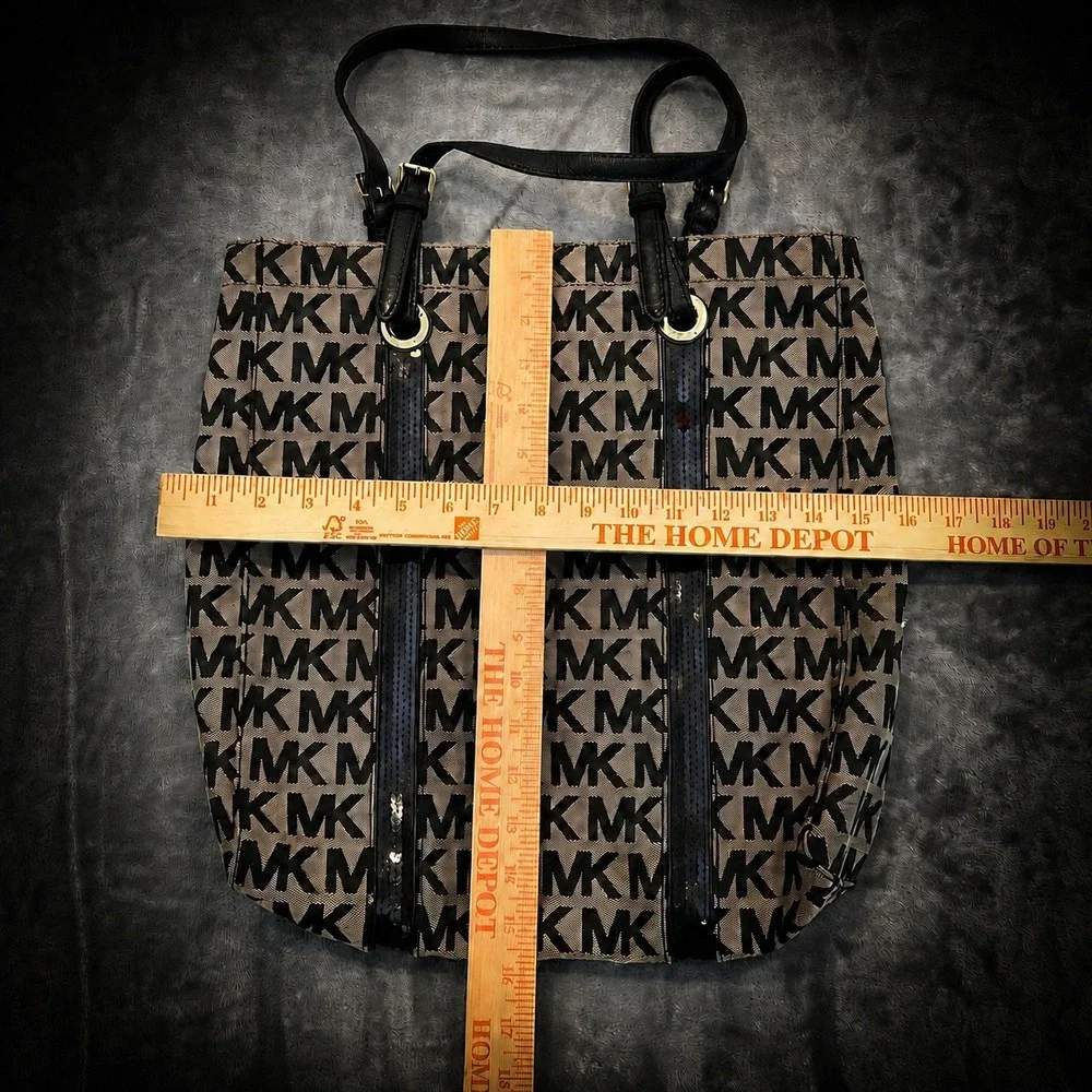 Michael Kors Womens Tote Handbag Sequin Stripes Jacquard Black Beige Large NWT